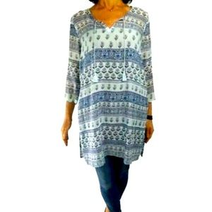 NWT J. JILL semi sheer Kurta Tunic Blouse Blue Floral Beach Coverup Top LARGE